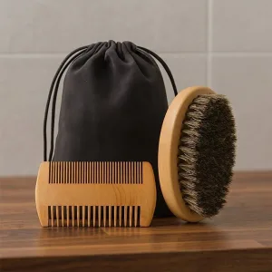 Mjuk skäggborste med svinborst och mustaschkam – stylingkit för män