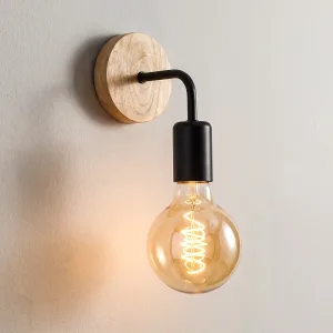 Industriell vägglampa i trä och järn i retrostil, roterbar