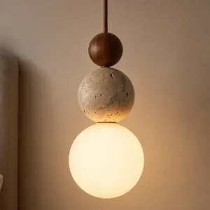 Ljuskrona i travertinsten, lång LED-pendellampa med hänglampa i trä