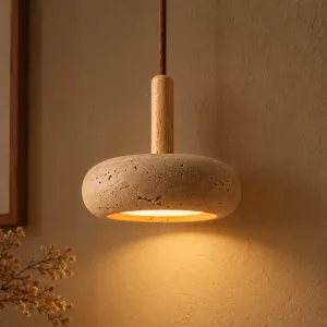 Enkel LED-takpendel i japansk stil med sten och långt trä